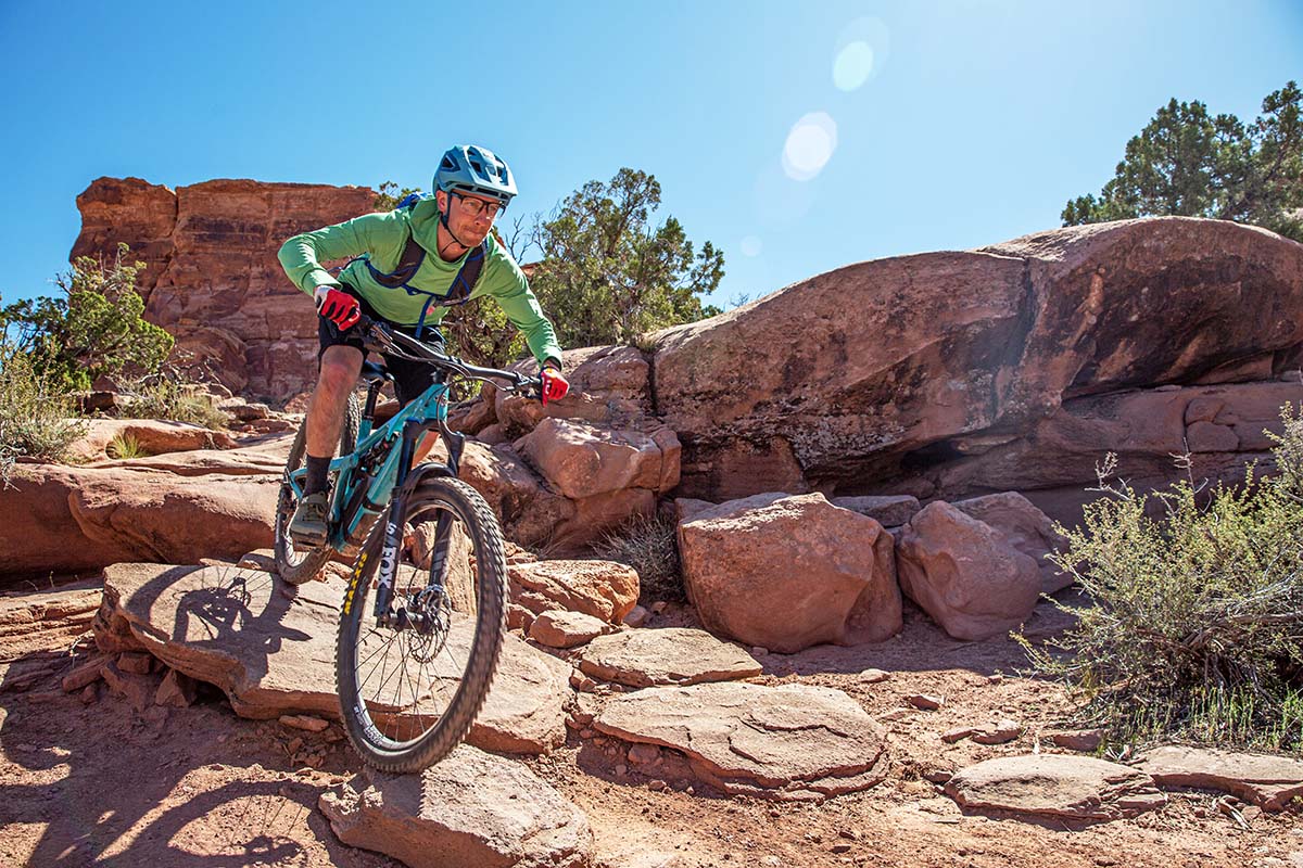 Biking in the REI Co-op Sahara Shade sun protection hoody